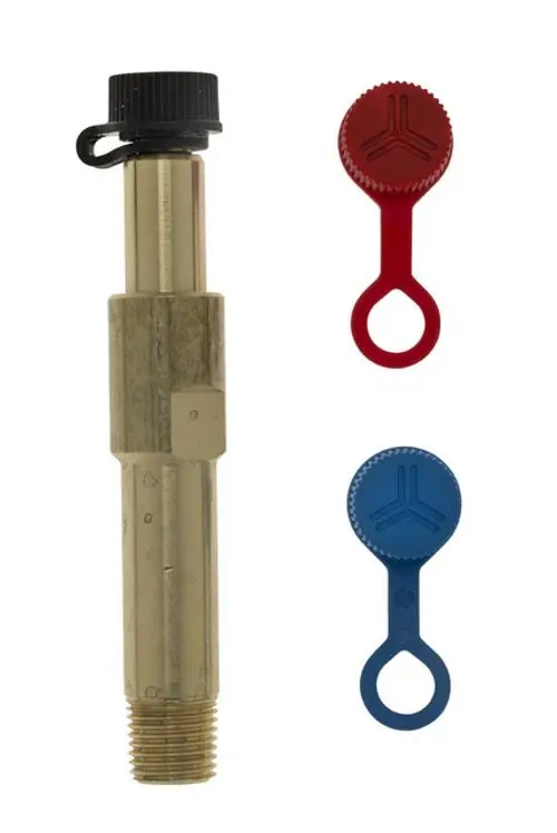 Selbstdichtender Messnippel in messingfarben mit schwarzen, roten und blauen Kunststoffabdeckungen, hergestellt von IMI Hydronic Engineering.